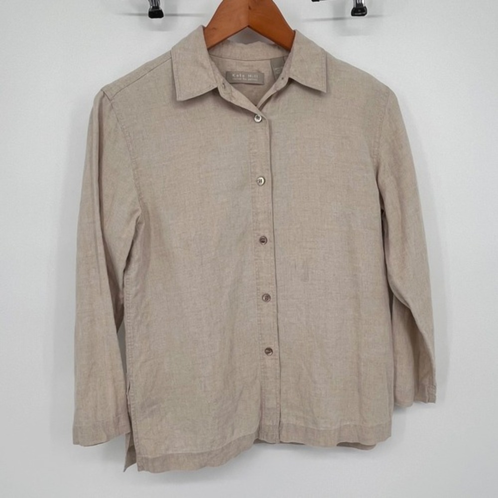 Vintage 90s Kate Hill Casual For Petites Jacket Pants Set Petite Small Tan Linen